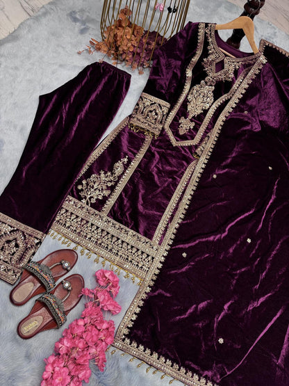 Viscose Velvet Top Plazzo & Dupatta Set