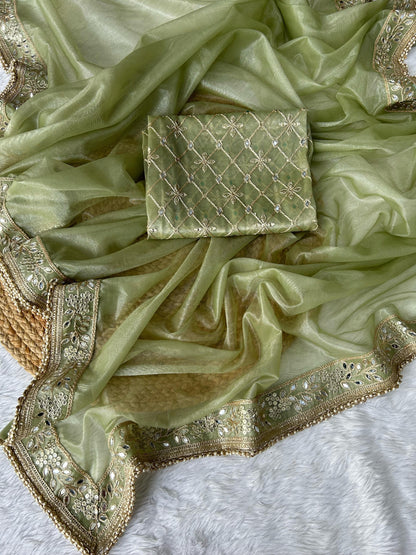 Heavy Tissue Silk Fabric With mirror work