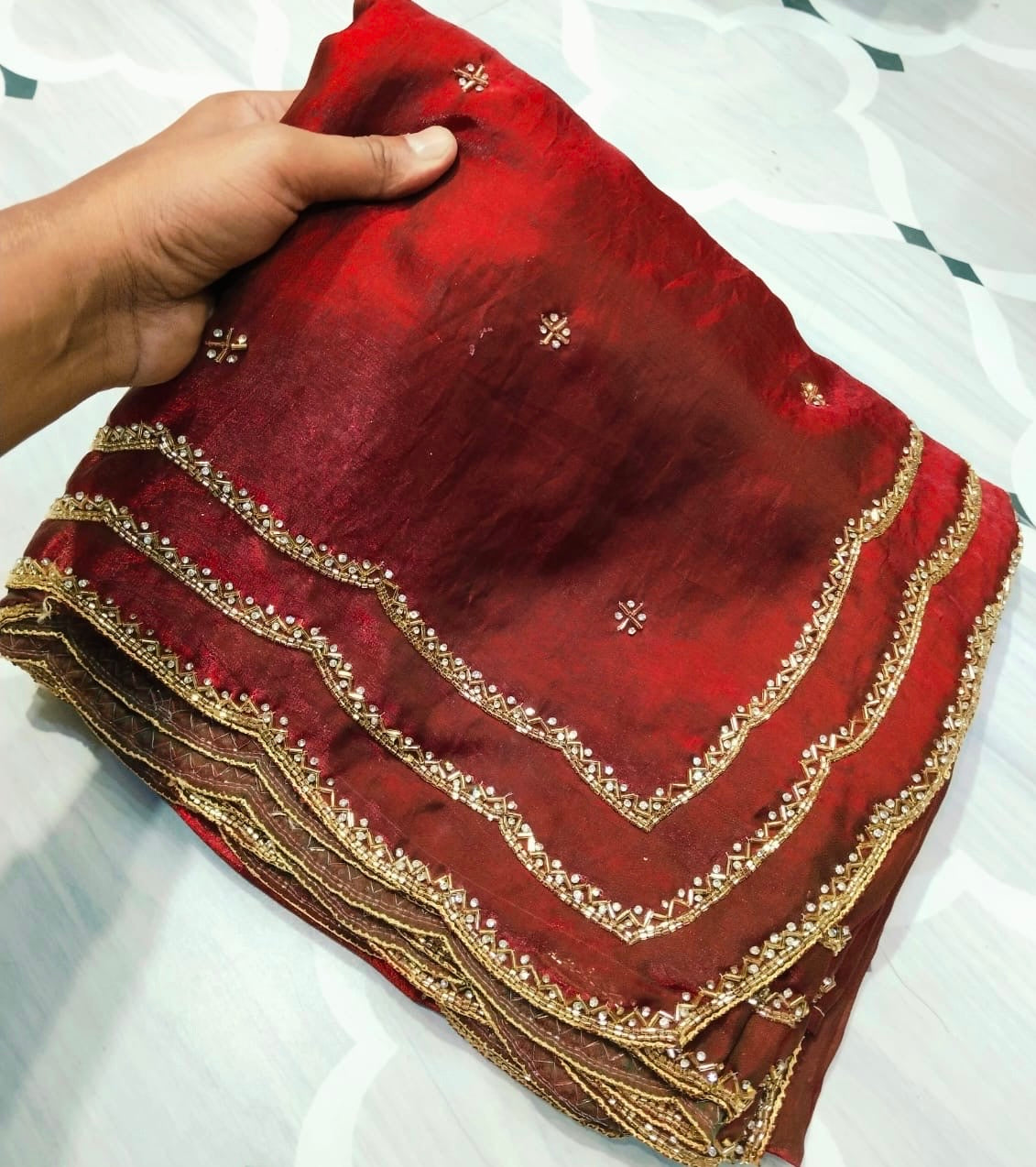 Fendi saree with diamond stone Lehriya border design Saree