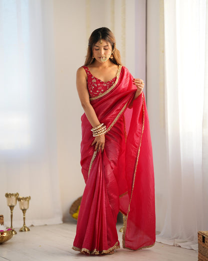 READY TO WEAR PREDRAPPED SAREE WITH FULL STTICHED BLOUSE PREMIUM GOLD CRUSH TISSUE SILK FABRIC