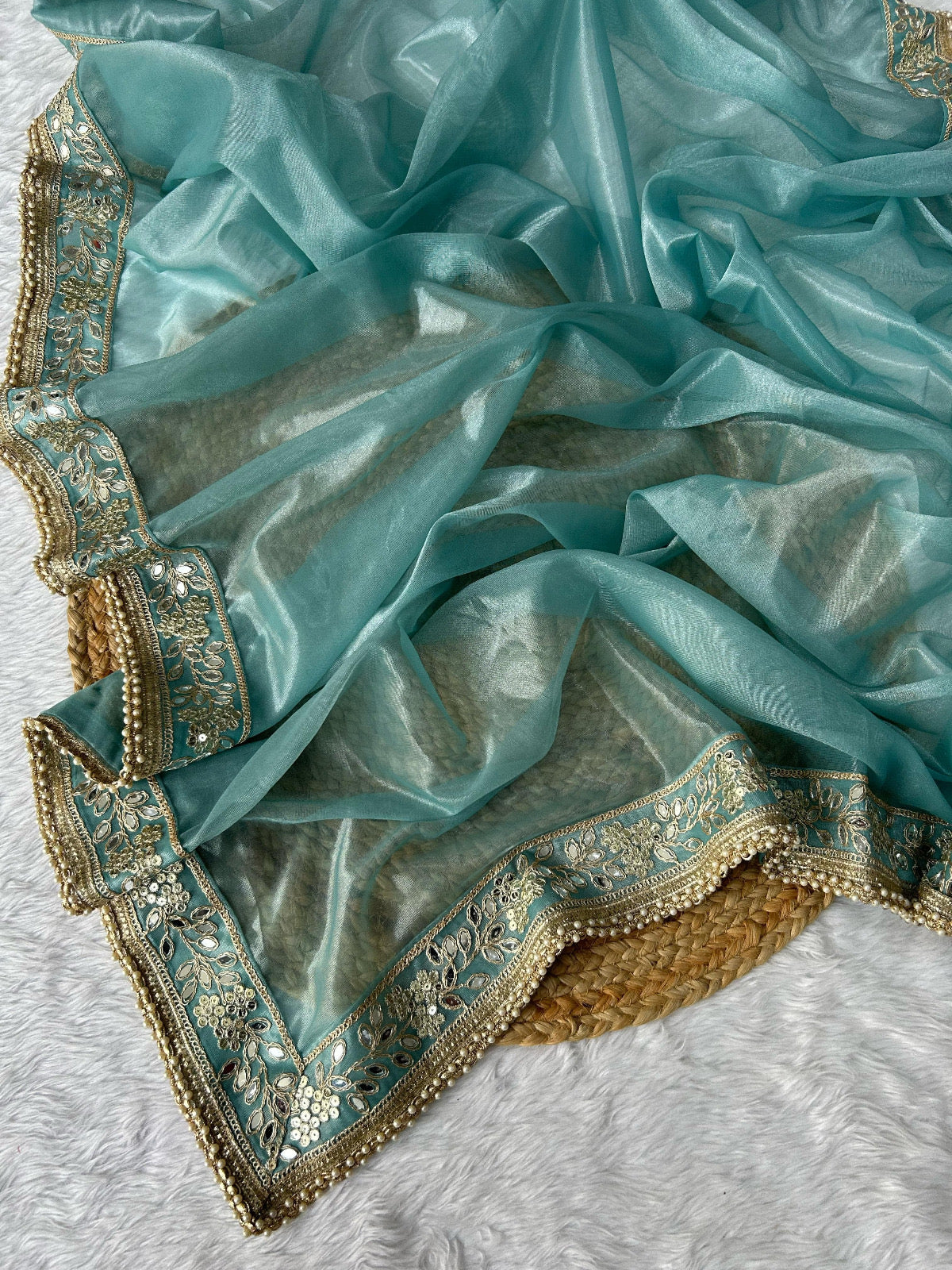 Heavy Tissue Silk Fabric With mirror work