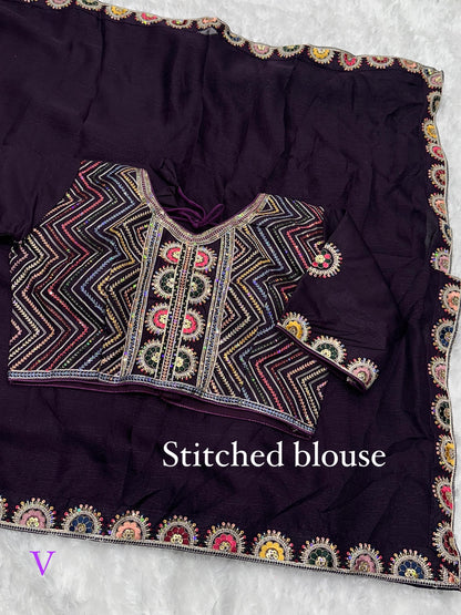 solid crush effect saree with Embroidered lace & stitched blouse