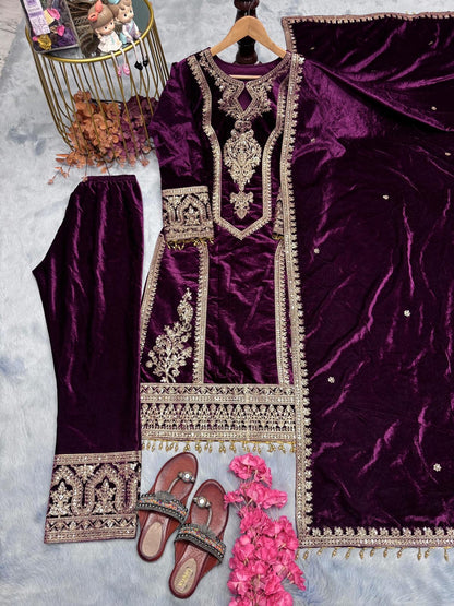 Viscose Velvet Top Plazzo & Dupatta Set