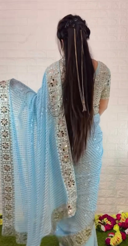 Sky blue mirror work saree with heavy mirror work on blouse
