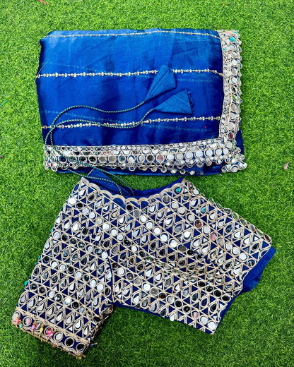 Soft satin Organza saree which is embedded with real mirror work