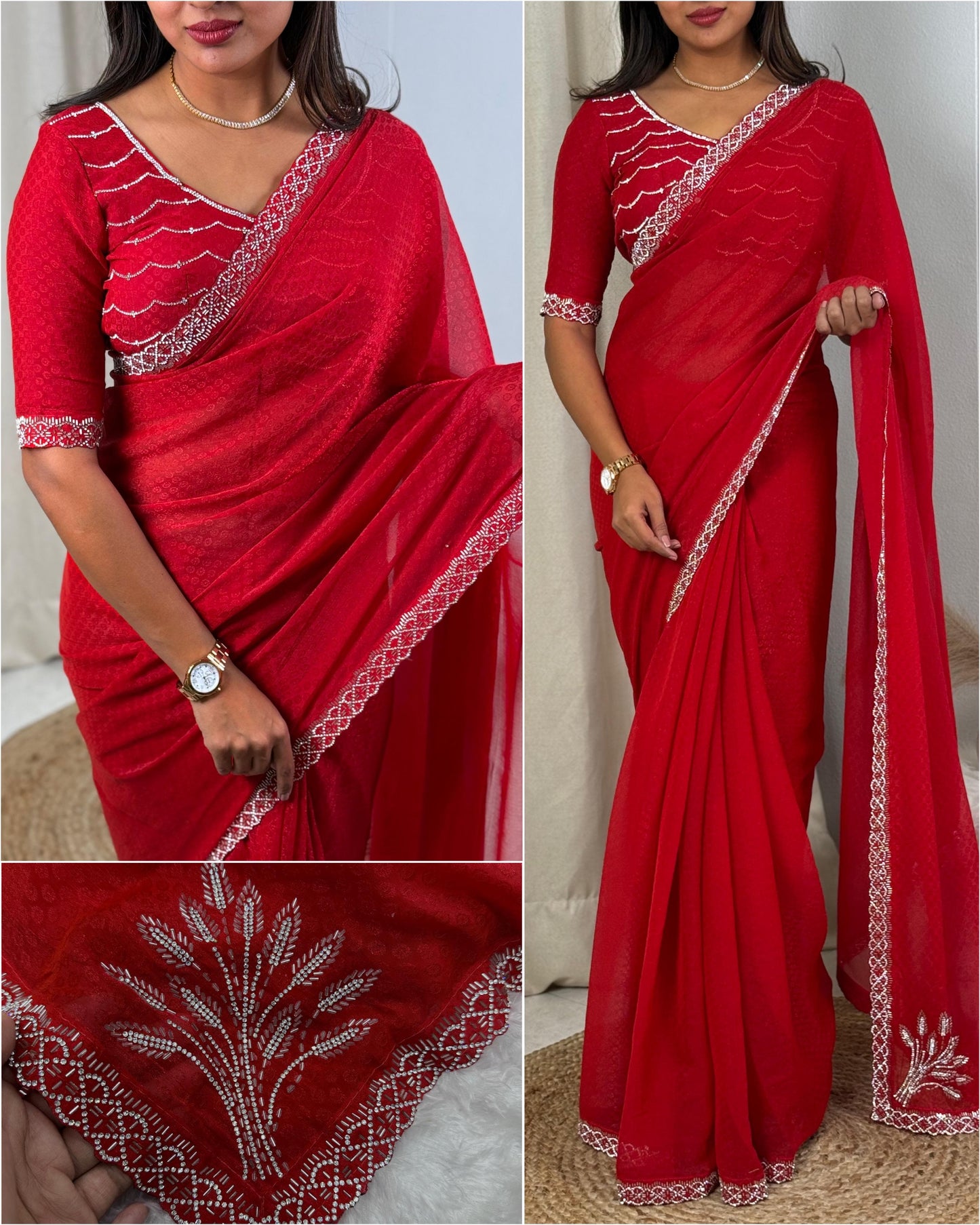 Two tone Fandy satin with self jacquard and siroski handwork