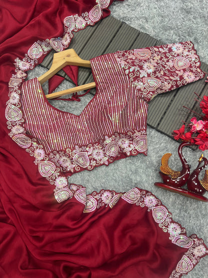 Satin Chiffon saree with Sequins embroidery work