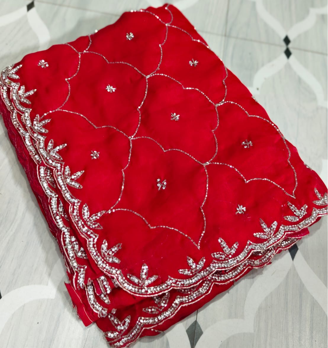 Fendi saree with diamond stone Jaal work Diya design Saree