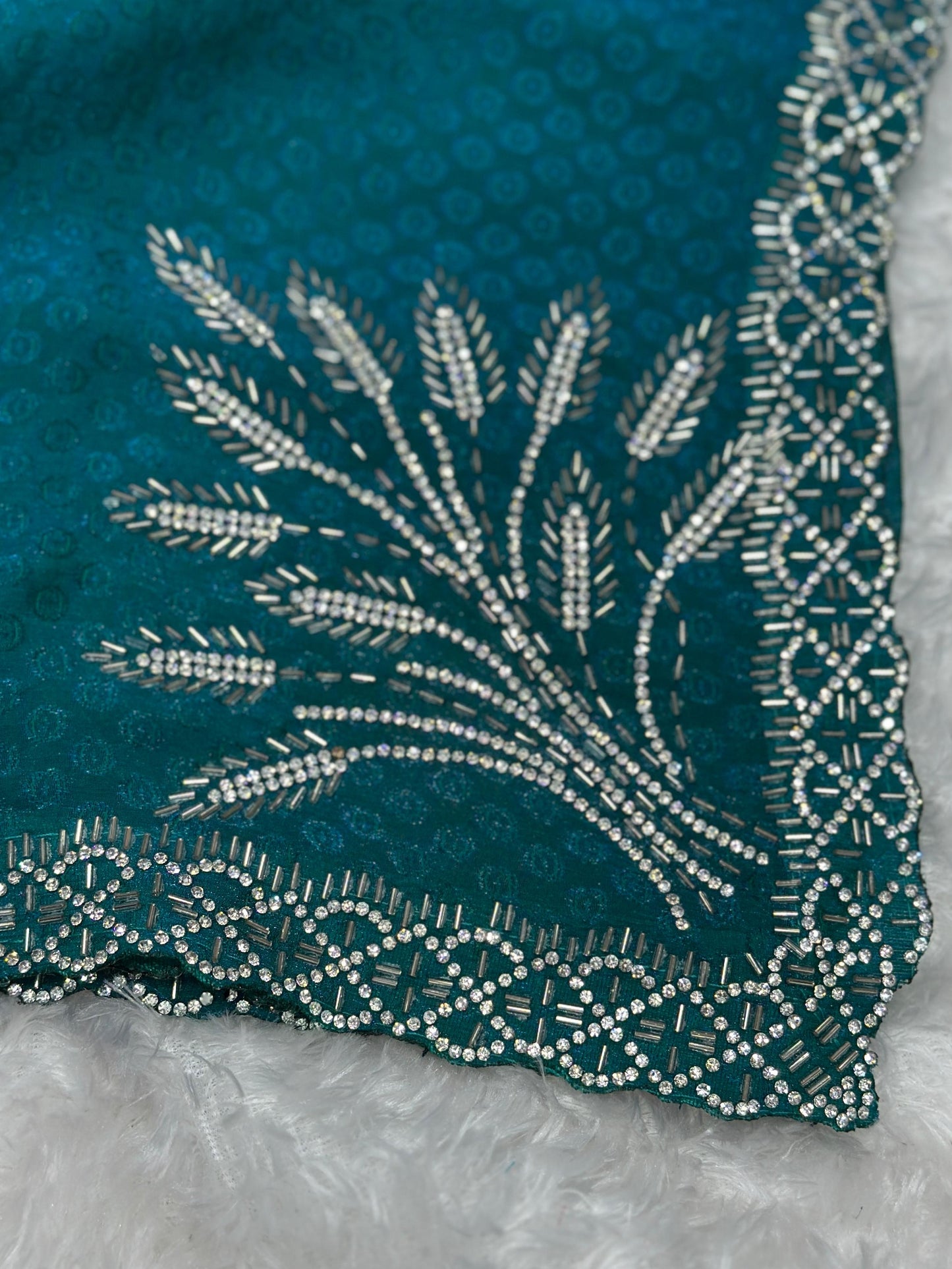 Two tone Fandy satin with self jacquard and siroski handwork