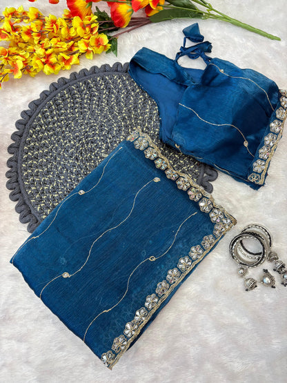 Jimmy Chu Silk Embellished With Beautiful Glitter Dori Work And Real Mirror Work