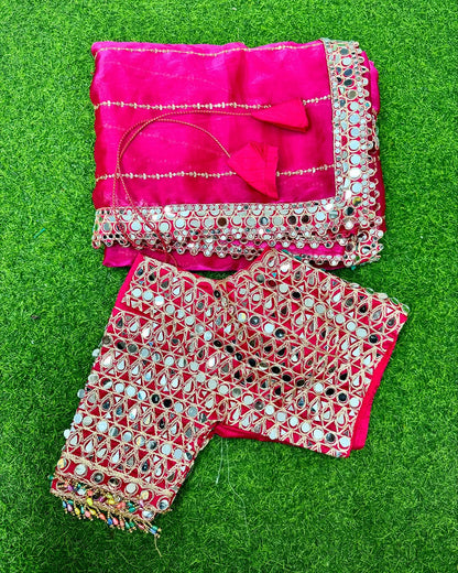 Soft satin Organza saree which is embedded with real mirror work