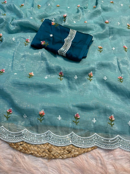 Crunchy Chiffon Multi Embroidery Work Saree