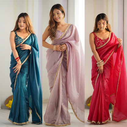 READY TO WEAR PREDRAPPED SAREE WITH FULL STTICHED BLOUSE PREMIUM GOLD CRUSH TISSUE SILK FABRIC