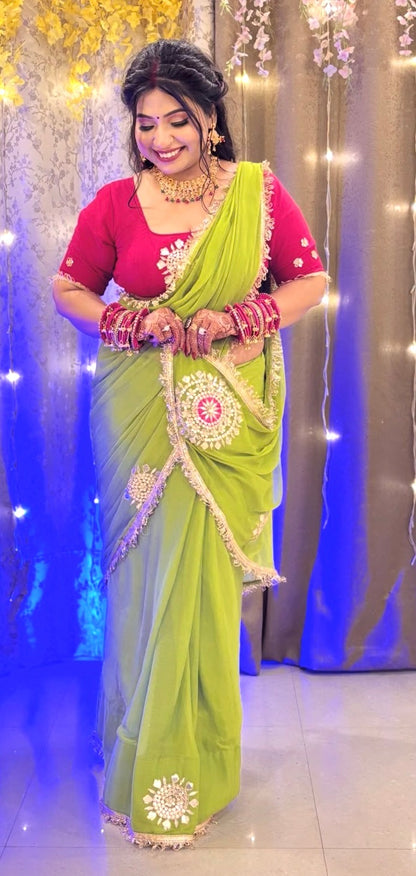 Georgette Half pure hand work saree