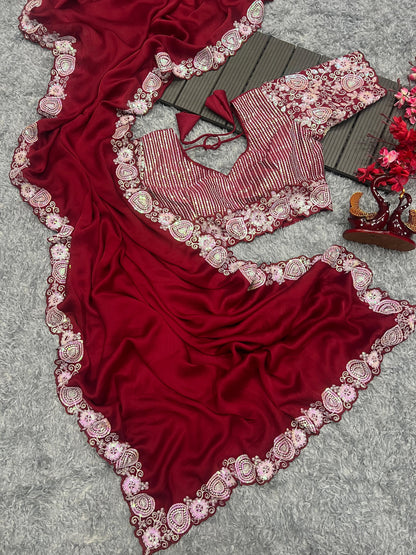 Satin Chiffon saree with Sequins embroidery work