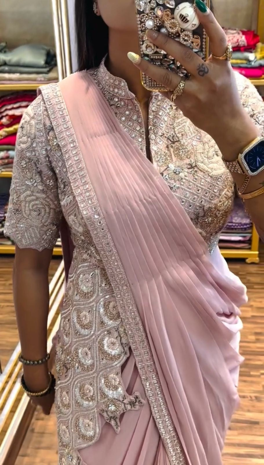 READY TO WEAR SAREE WITH FULLY EMBROIDERED STYLIST BLOUSE ON CHINON FABRIC