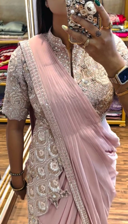 READY TO WEAR SAREE WITH FULLY EMBROIDERED STYLIST BLOUSE ON CHINON FABRIC