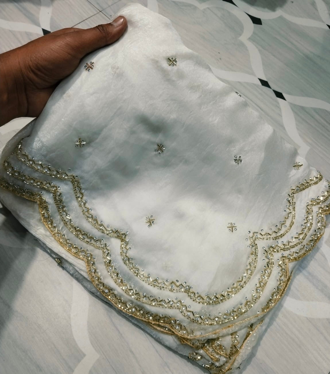 Fendi saree with diamond stone Lehriya border design Saree