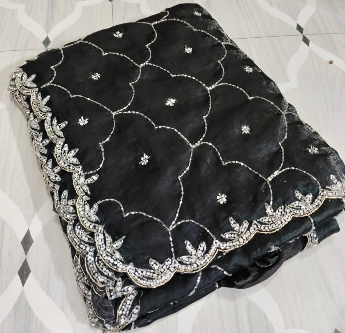 Fendi saree with diamond stone Jaal work Diya design Saree