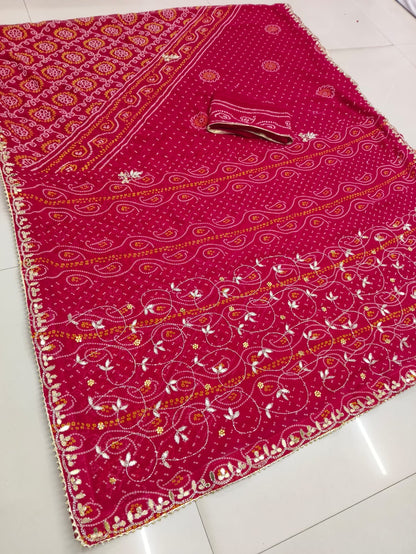 Rajasthani designer chunri Fabric Saree With Beautiful Cutdana Heavy Jaal