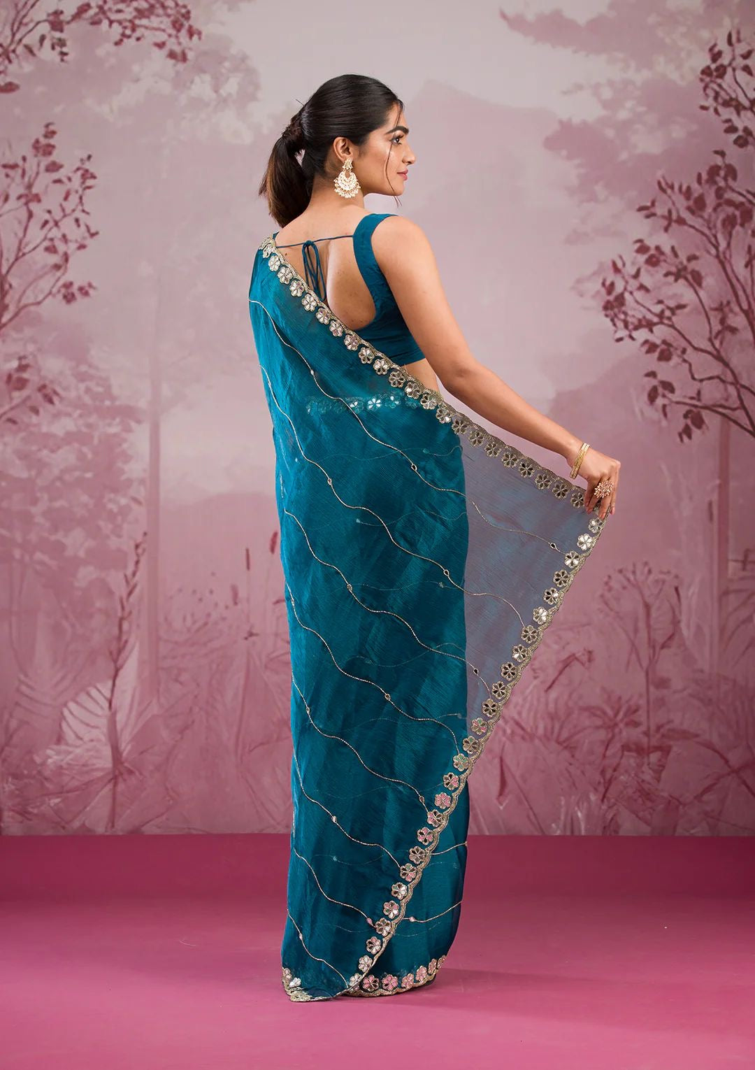 Jimmy Chu Silk Embellished With Beautiful Glitter Dori Work And Real Mirror Work