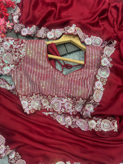 Satin Chiffon saree with Sequins embroidery work