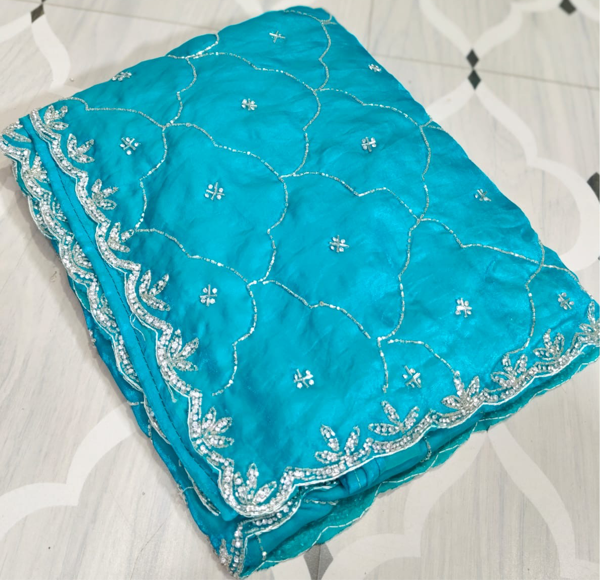 Fendi saree with diamond stone Jaal work Diya design Saree