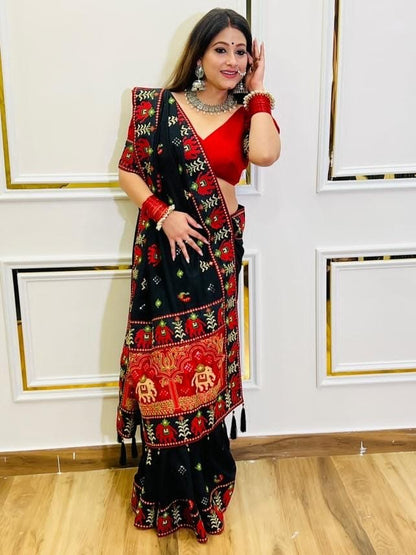 BLACK COLOR KACHHI WORK SAREE