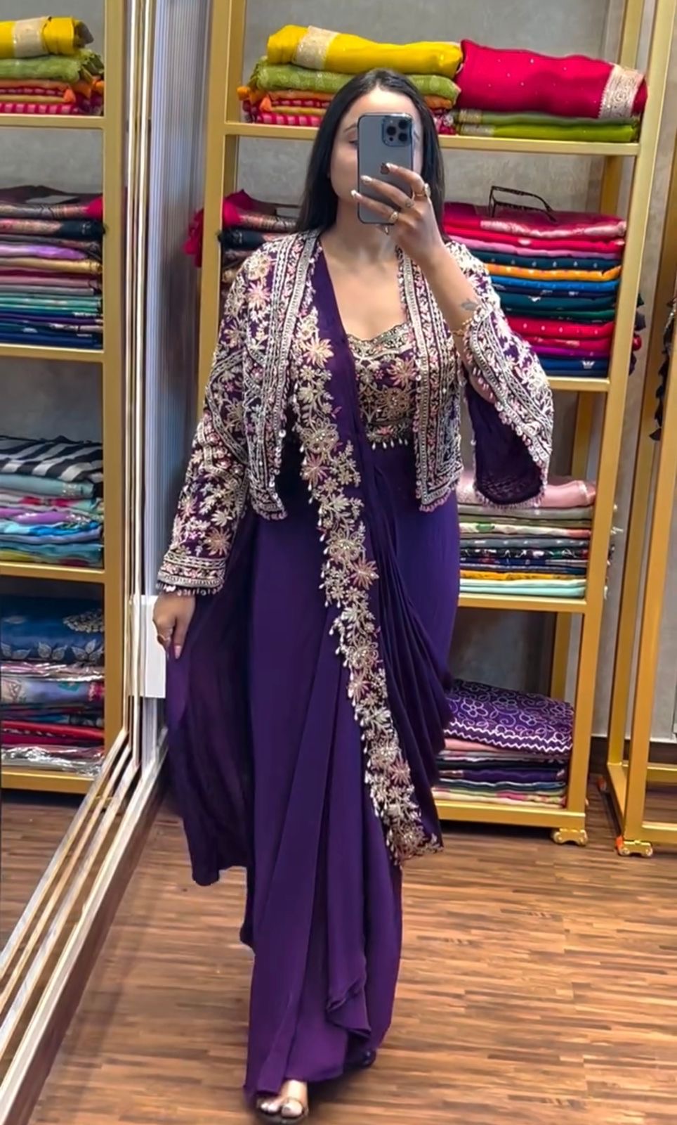 Embroidery cording work ready to wear saree with full koti