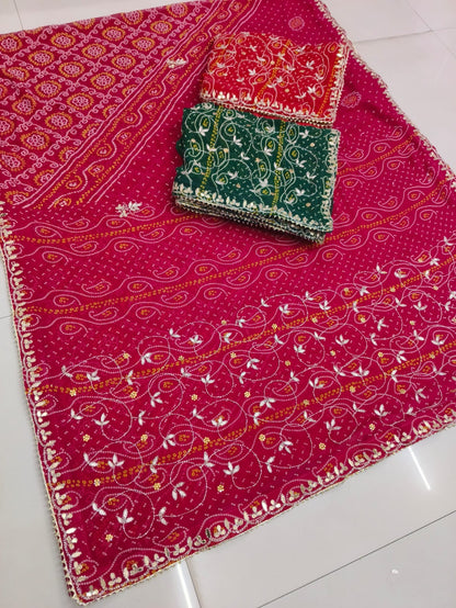 Rajasthani designer chunri Fabric Saree With Beautiful Cutdana Heavy Jaal