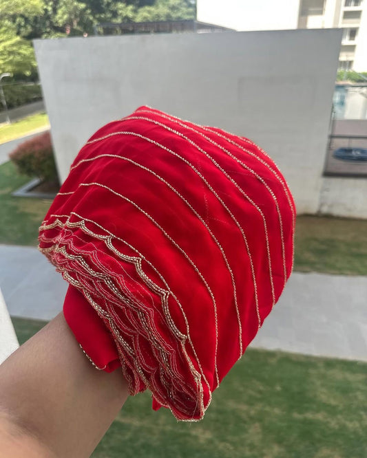 pure red georgette saree with handwork