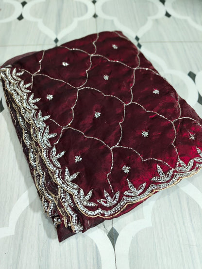 Fendi saree with diamond stone Jaal work Diya design Saree