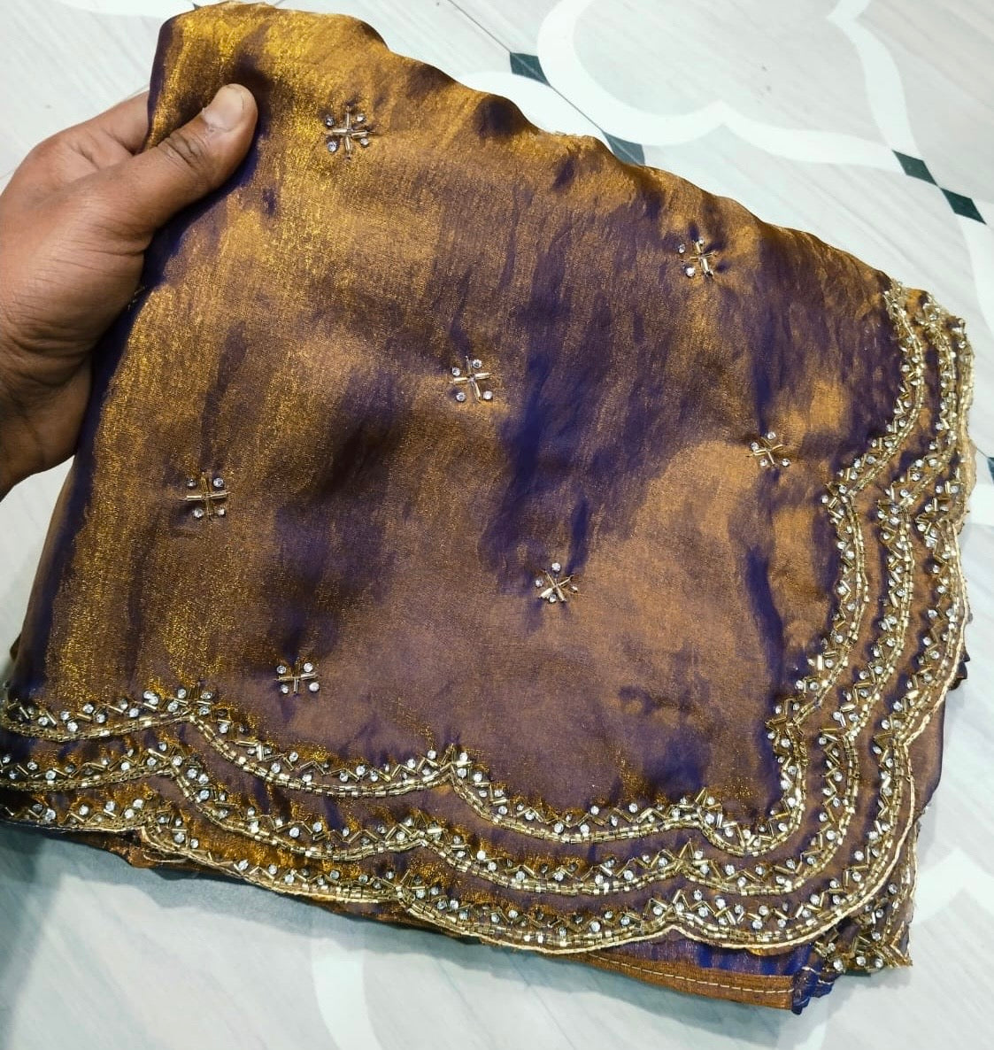 Fendi saree with diamond stone Lehriya border design Saree