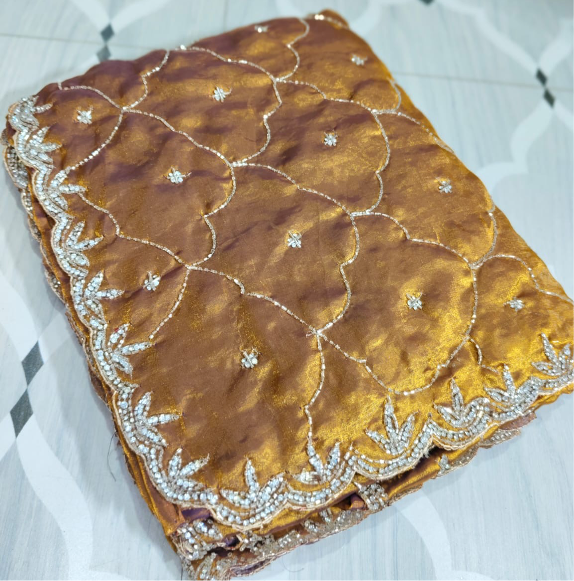 Fendi saree with diamond stone Jaal work Diya design Saree