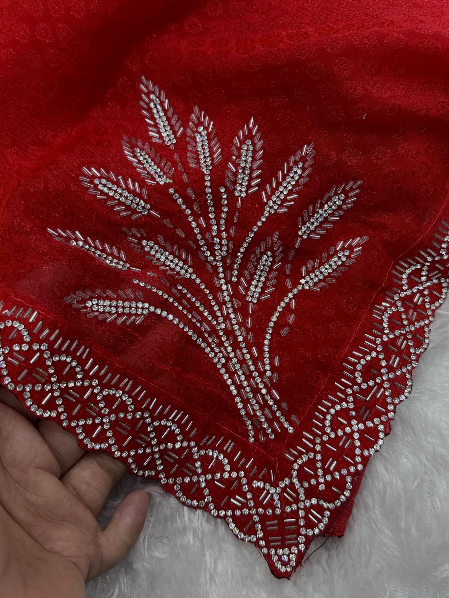 Two tone Fandy satin with self jacquard and siroski handwork