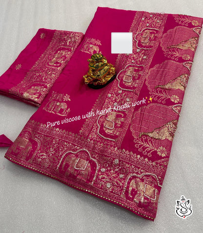 Pure Viscose Dola Fabric Saree With Beautiful Heavy Meenakari Zari Weaving