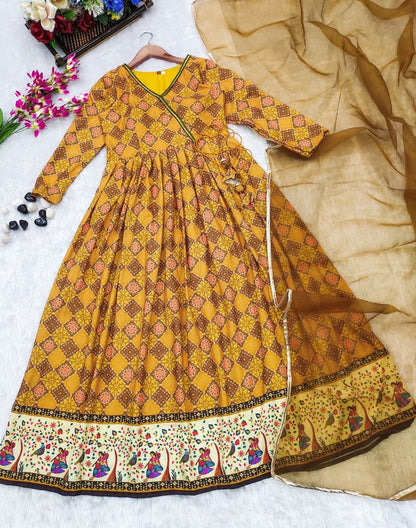 Yellow Patola Digital Printed Gown With dupatta