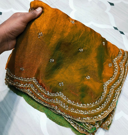 Fendi saree with diamond stone Lehriya border design Saree