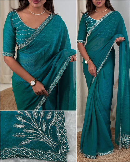Two tone Fandy satin with self jacquard and siroski handwork