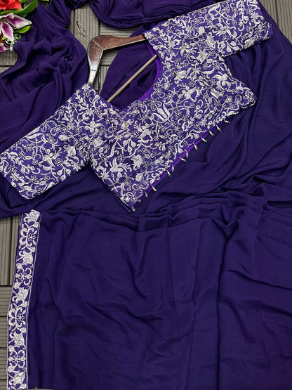 Embroidery cording work ready to wear saree with Embroidery Blouse
