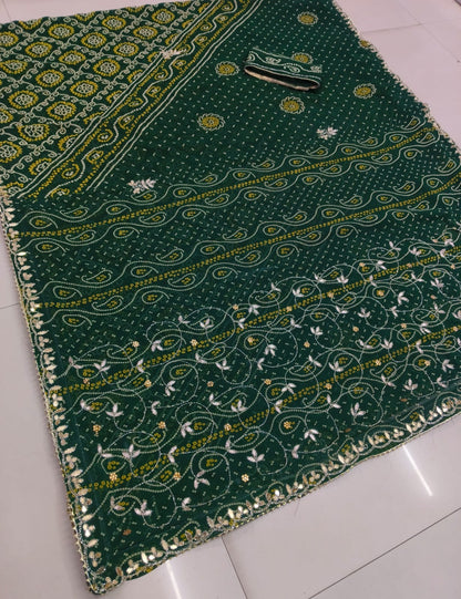 Rajasthani designer chunri Fabric Saree With Beautiful Cutdana Heavy Jaal