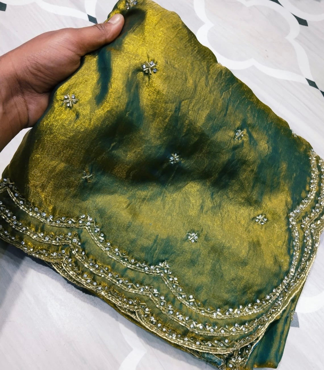 Fendi saree with diamond stone Lehriya border design Saree