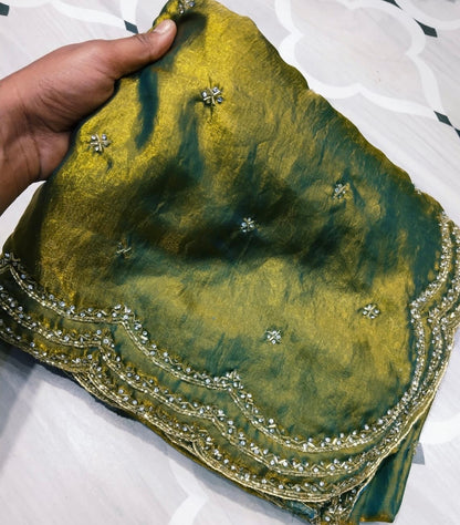 Fendi saree with diamond stone Lehriya border design Saree