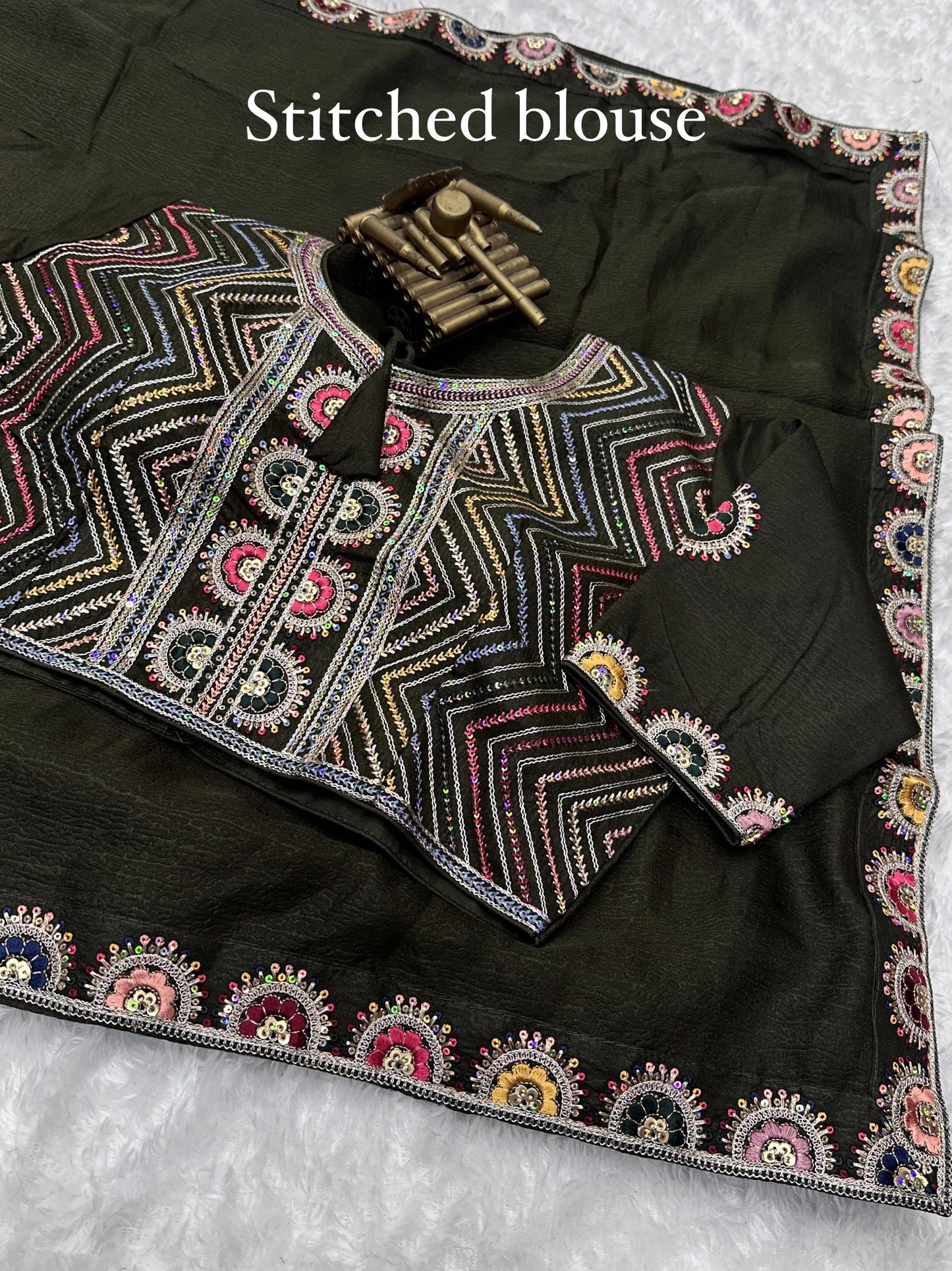 solid crush effect saree with Embroidered lace & stitched blouse