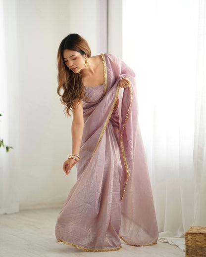 READY TO WEAR PREDRAPPED SAREE WITH FULL STTICHED BLOUSE PREMIUM GOLD CRUSH TISSUE SILK FABRIC