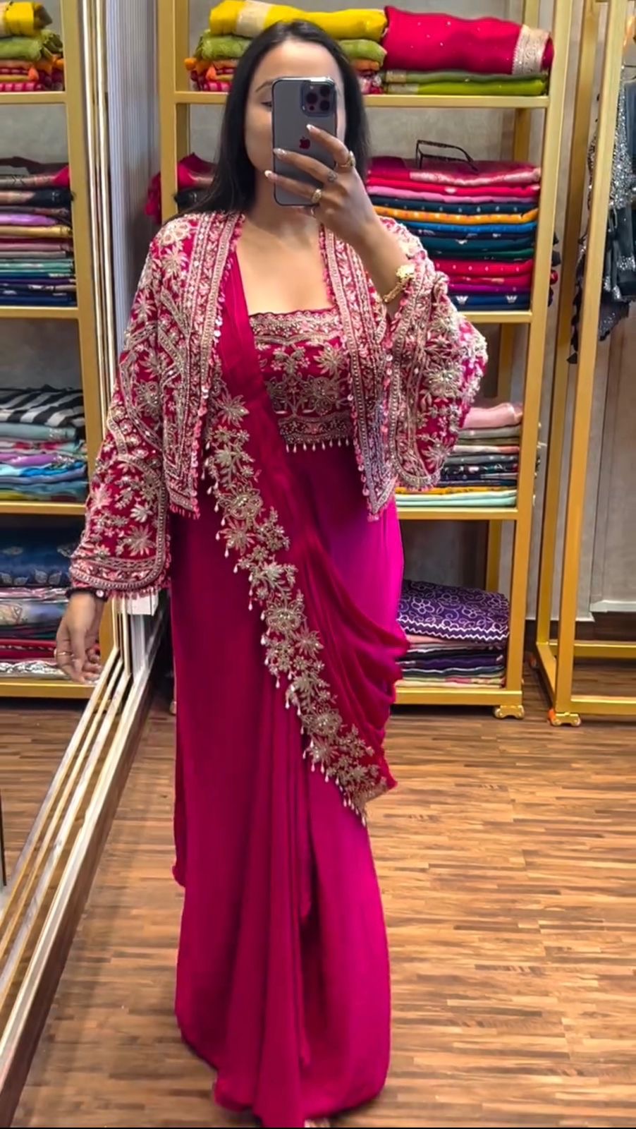 Embroidery cording work ready to wear saree with full koti