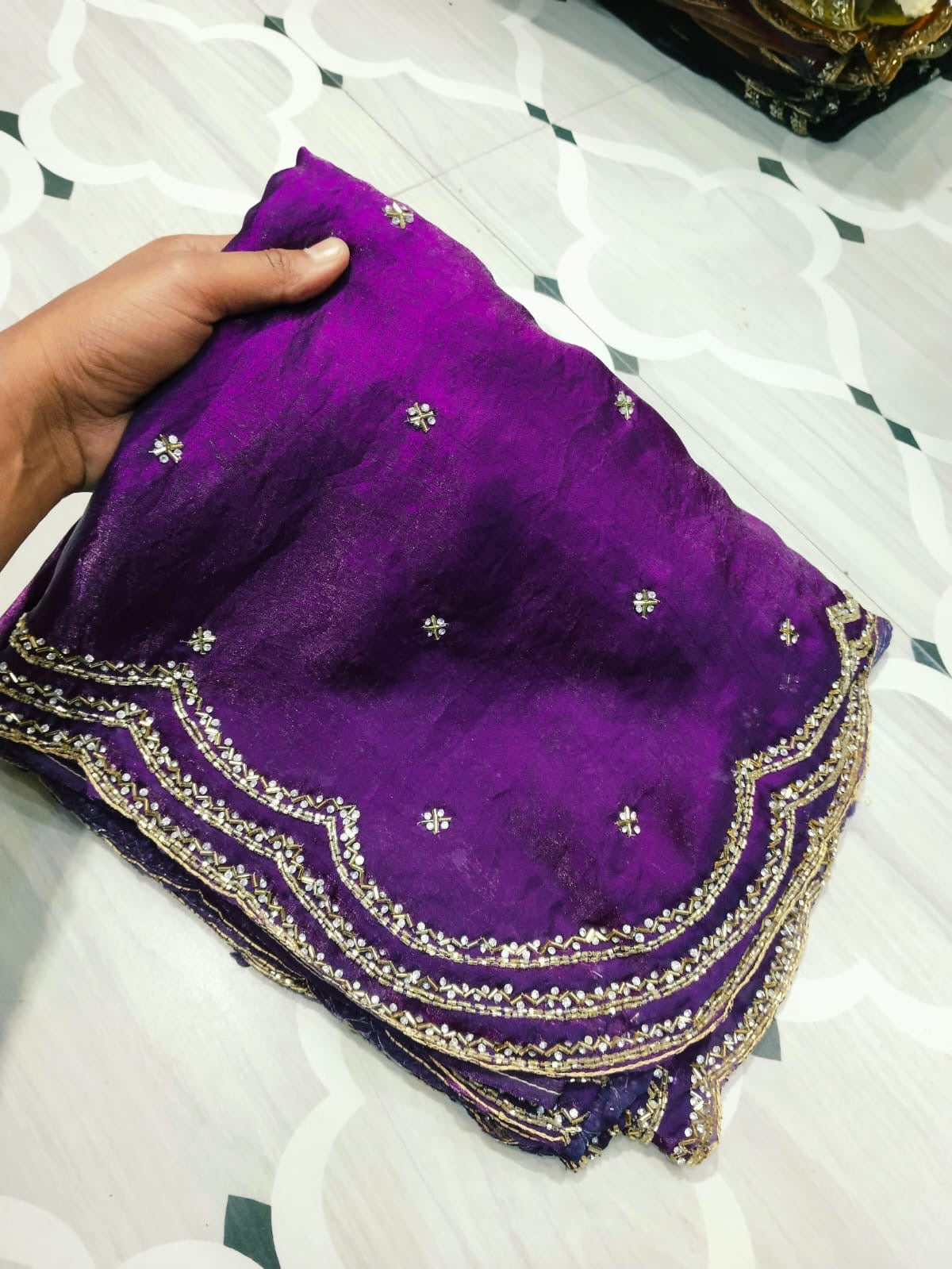 Fendi saree with diamond stone Lehriya border design Saree