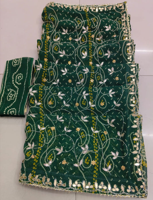 Rajasthani designer chunri Fabric Saree With Beautiful Cutdana Heavy Jaal