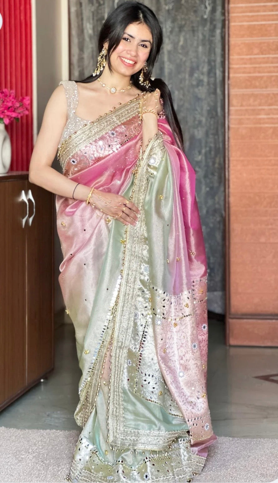 3D dye Ghunghroo and Mirror Tissue saree