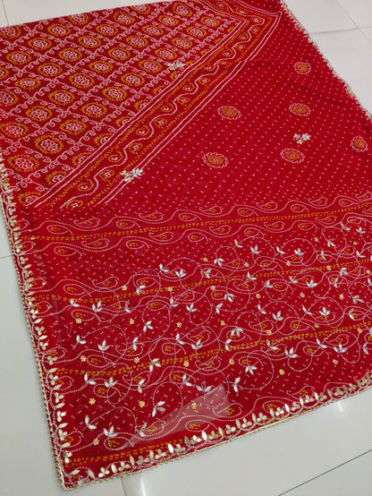 Rajasthani designer chunri Fabric Saree With Beautiful Cutdana Heavy Jaal